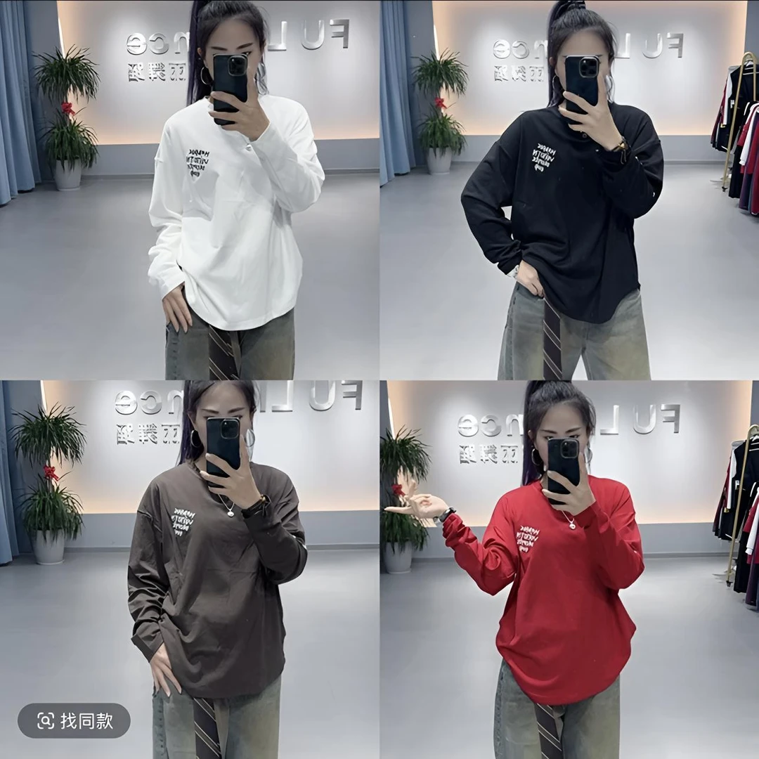 CX秋冬新品591款磨毛宽松大版刺绣长袖百搭ins打底衫加绒时尚