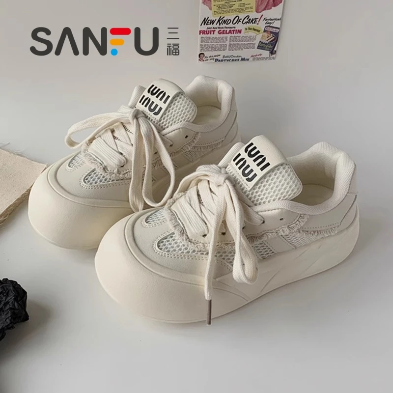 三福厚底面包丑萌新款chic小众韩版春夏透气网面大头小白鞋子