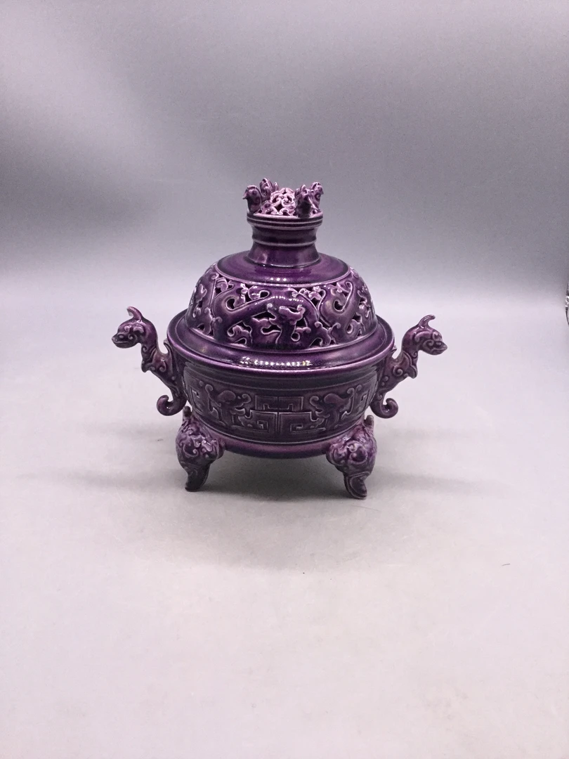 景德镇陶瓷茄皮紫刻花香薰