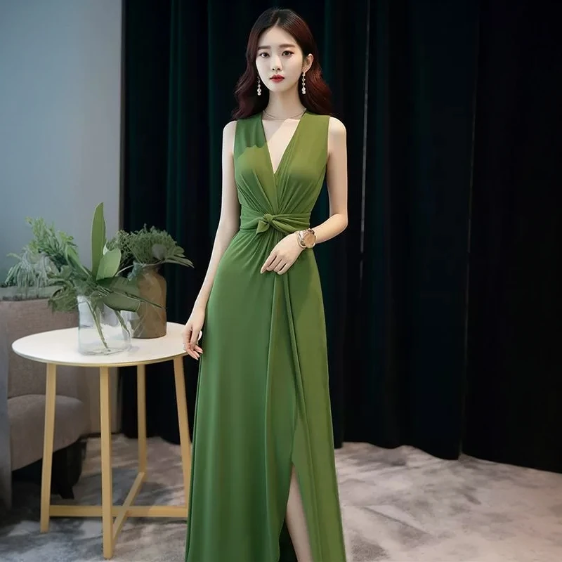 2025年法式高端精致长裙小香风高级感气质绿色无袖连衣裙子女夏装