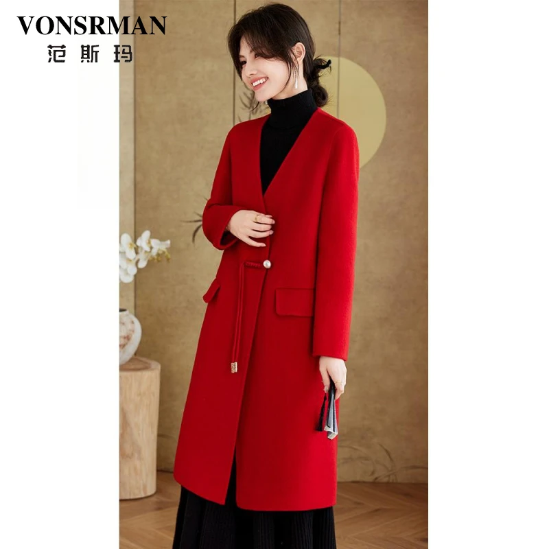 红色双面零大衣女中长款秋冬2025小个子新款呢红色大衣气质时尚