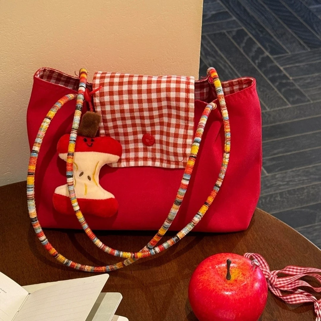 新款可爱包包红色单肩手提收纳包2025新款通勤休闲托特包百搭yw