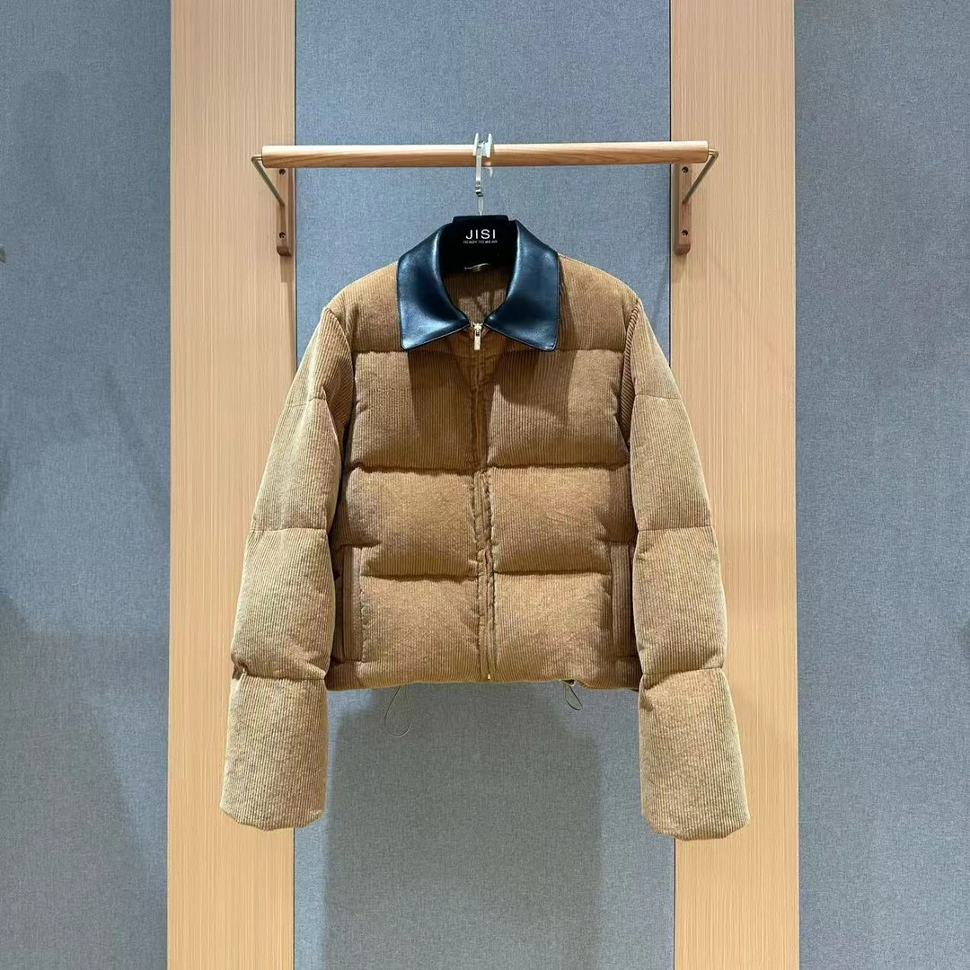 JISI  灯芯绒拼皮领羽绒服外套-YR25789A