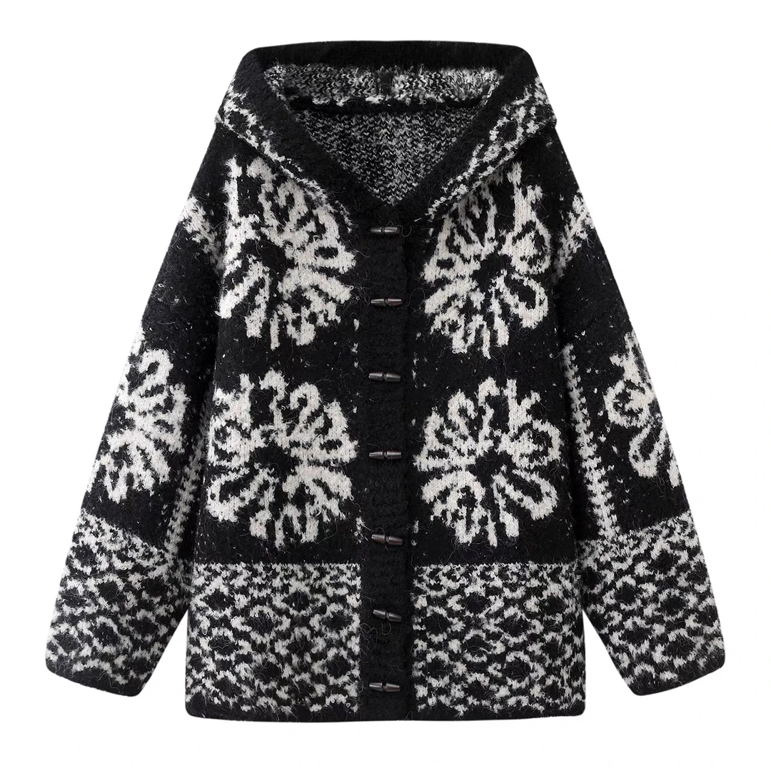 【雪莲】秋冬新款复古气质百搭花卉提花连帽牛角扣针织开衫3034