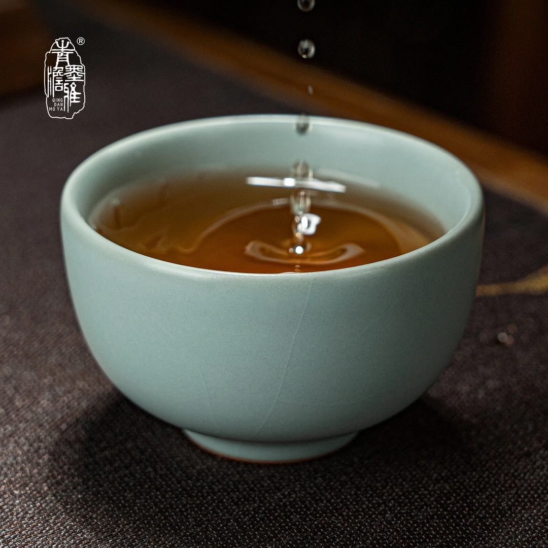 青澹墨雅汝窑掬月杯手工陶瓷茶杯主人杯中式礼景德镇青瓷茶具开片