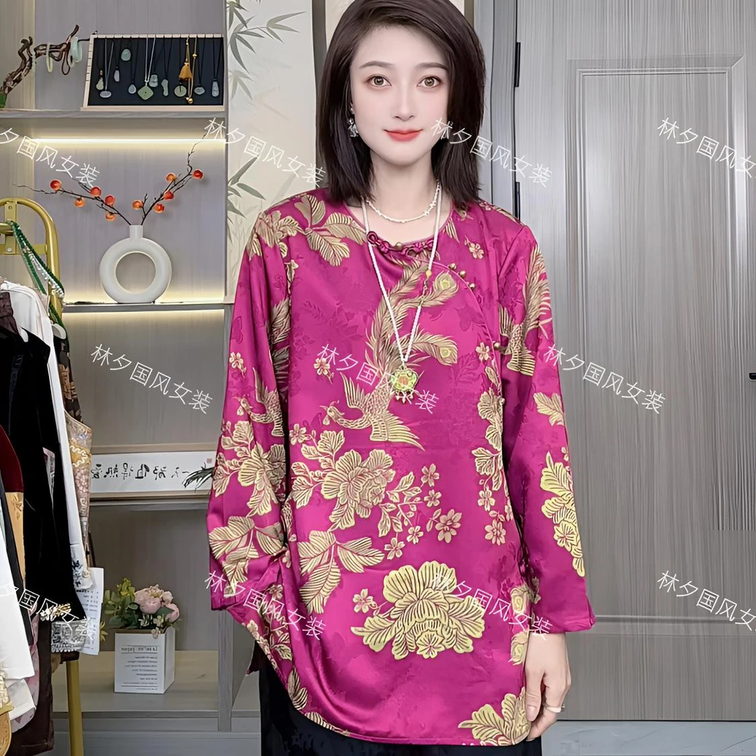 国风长袖提花百搭宽松小衫上衣薄款长袖袖时尚圆领衬衫斜襟