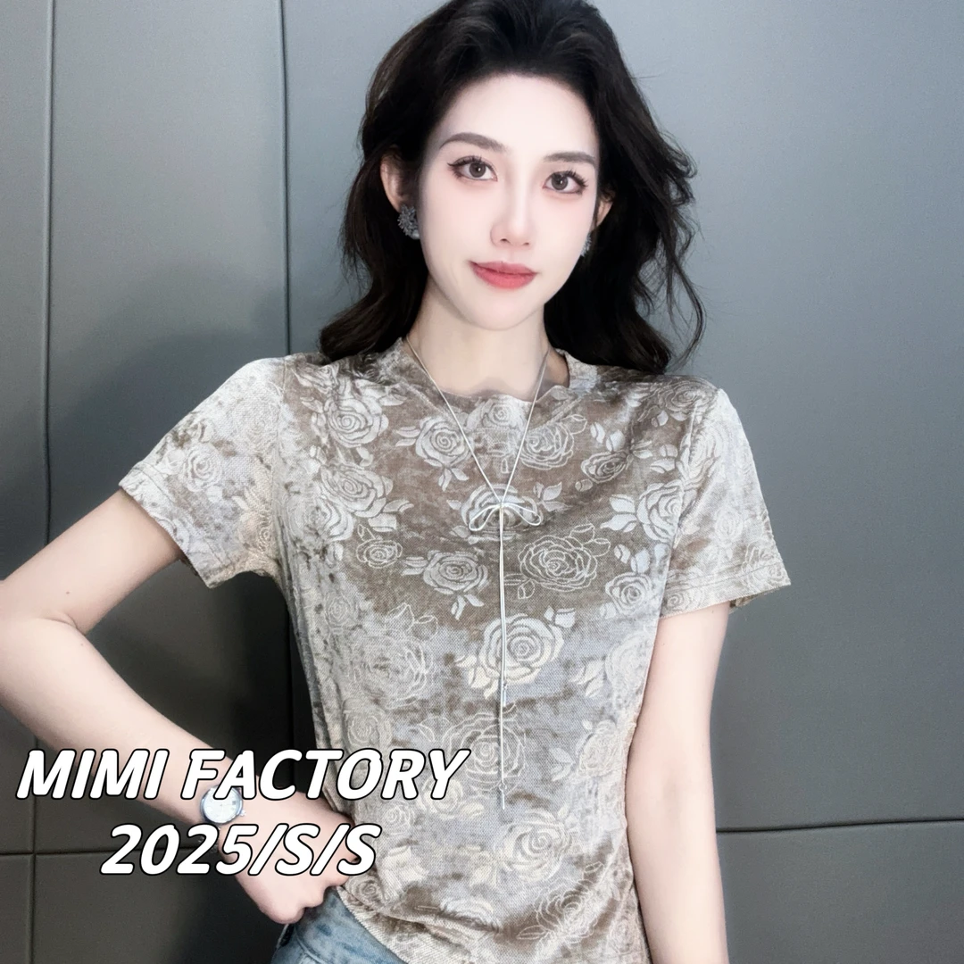 芈芈2025夏新款欧货晕染花朵短袖T恤女修身显瘦时尚百搭上衣4718#