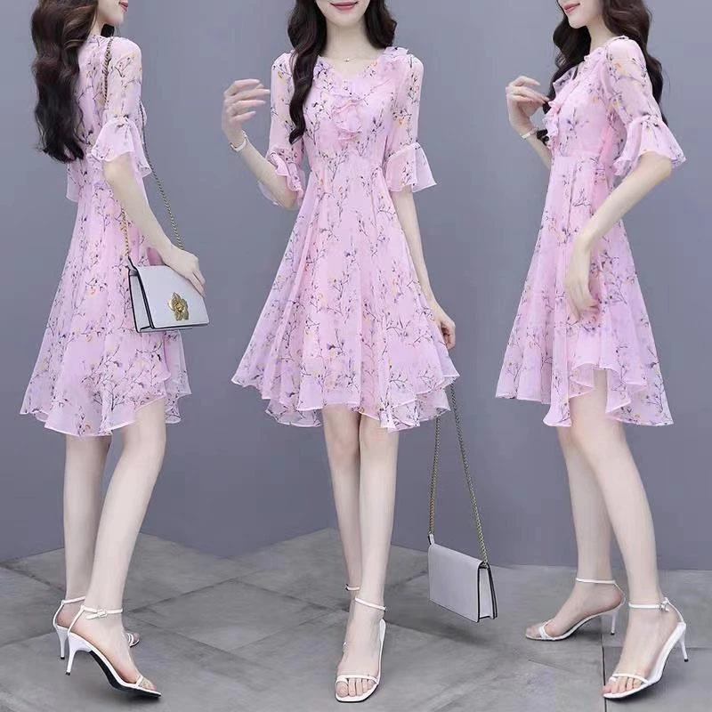 2022夏季新款时尚收腰显瘦喇叭袖碎花裙子女减龄中长款雪纺连衣裙