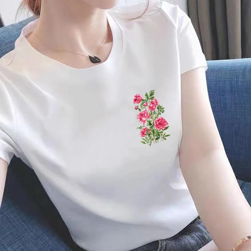 圆领韩版网红女花卉收腰通勤休闲ins新款时尚个性短袖印花上衣T恤