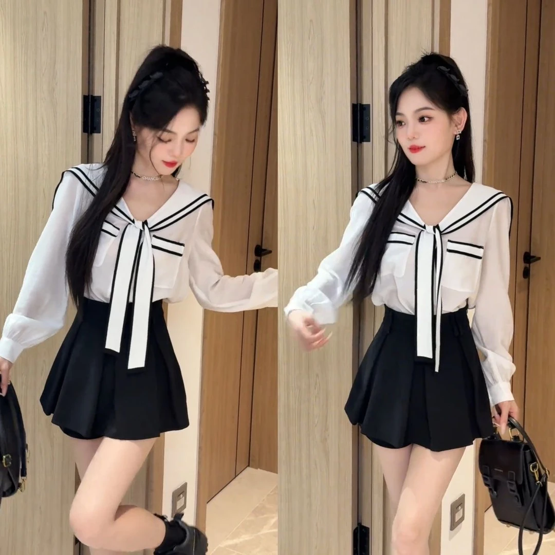 早秋新款法式飘带海军领衬衫女减龄别致长袖上衣+半身裙洋气套装