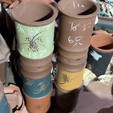 紫砂花盆竹节盆6个