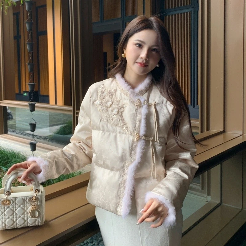 冬季新中式国风重工刺绣加棉加厚外套女时尚气质百搭短款棉服女潮