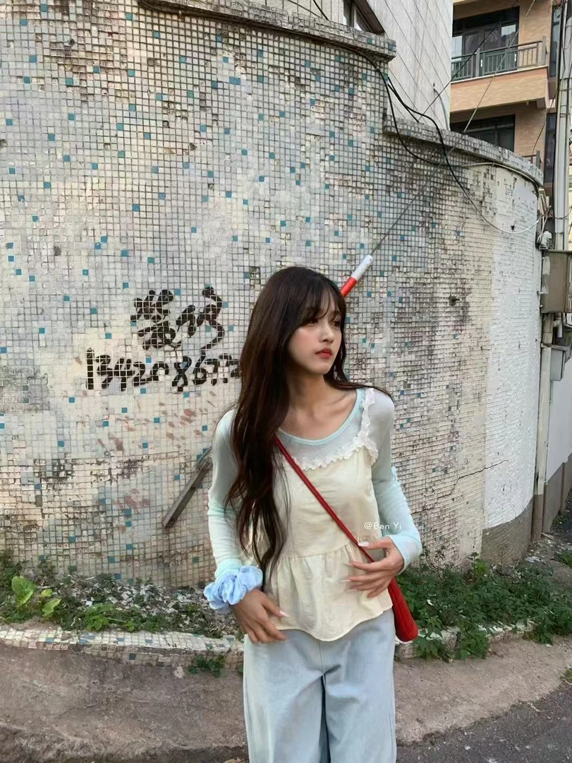 甜美减龄韩版上衣二件套女2025新款薄款长袖真两套