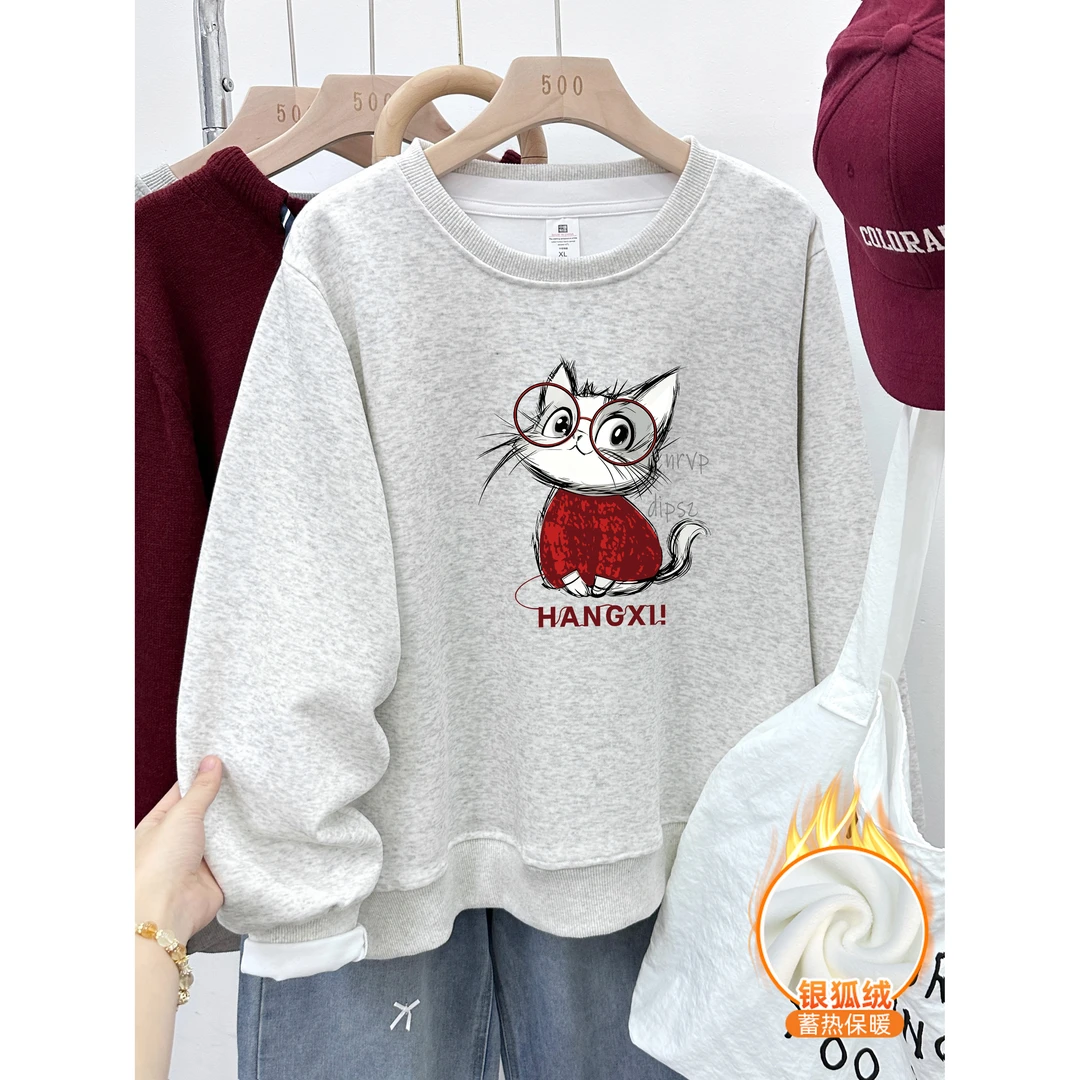 加绒加厚正肩圆领卫衣女士猫咪印花秋冬季韩版宽松大码套头上衣潮
