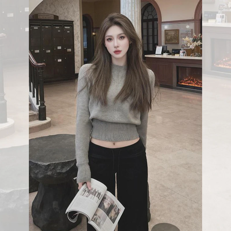 独特漂亮灰色小衫收腰毛衣内搭打底针织衫设计小众上衣女韩系秋冬