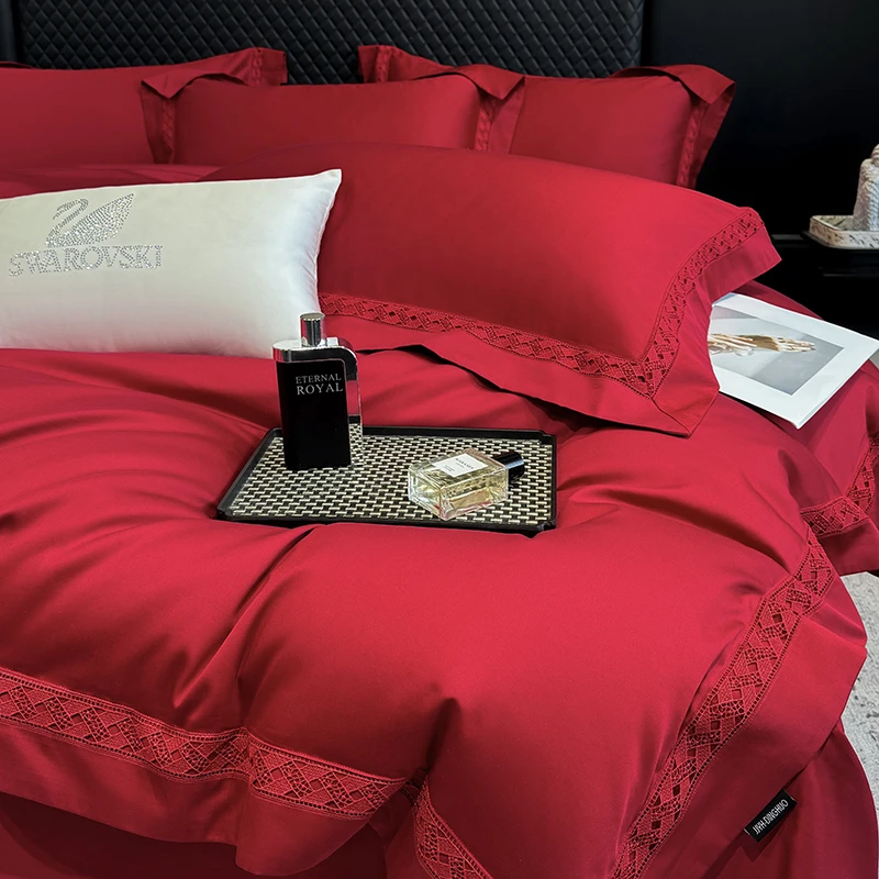 A类母婴级长绒棉婚庆四件套高级红色纯棉结婚陪嫁被套裸睡