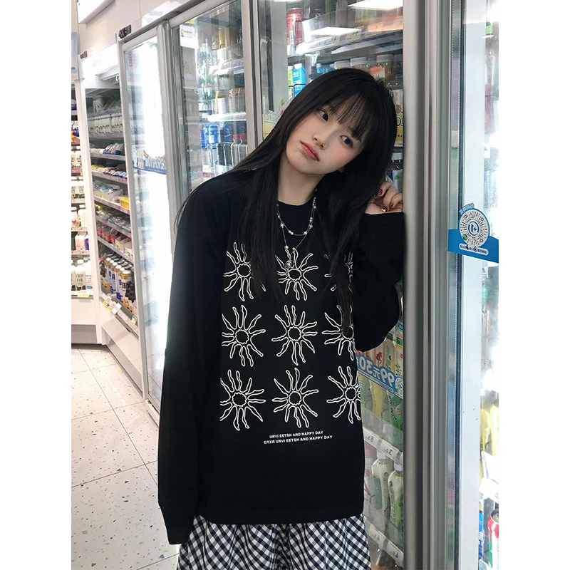 美式复古创意印花长袖t恤女春秋宽松oversize情侣休闲百搭上衣潮