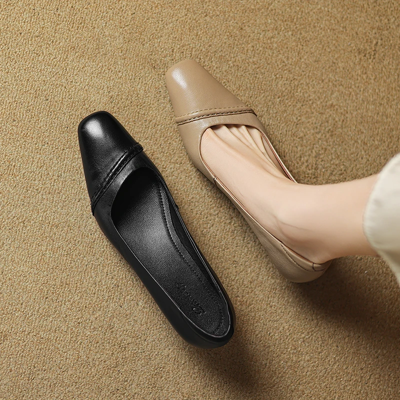 4CM-羊皮通勤鞋粗跟中跟方头单鞋软底奶奶鞋女式羊皮方头粗跟单鞋