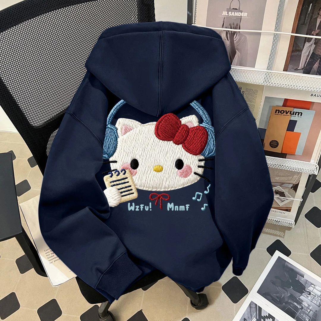 女童加绒连帽卫衣秋冬季2025新款仿刺绣卡通KT猫中大童加厚上衣潮