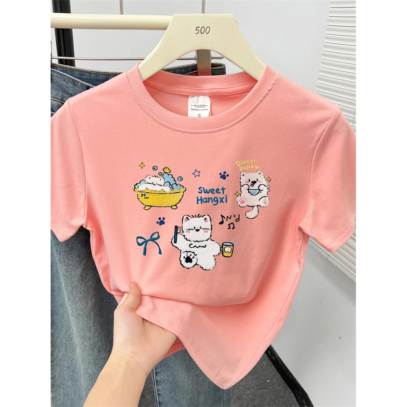 粉色减龄印花正肩短袖t恤胖mm大码女装夏季韩版百搭圆领半袖上衣