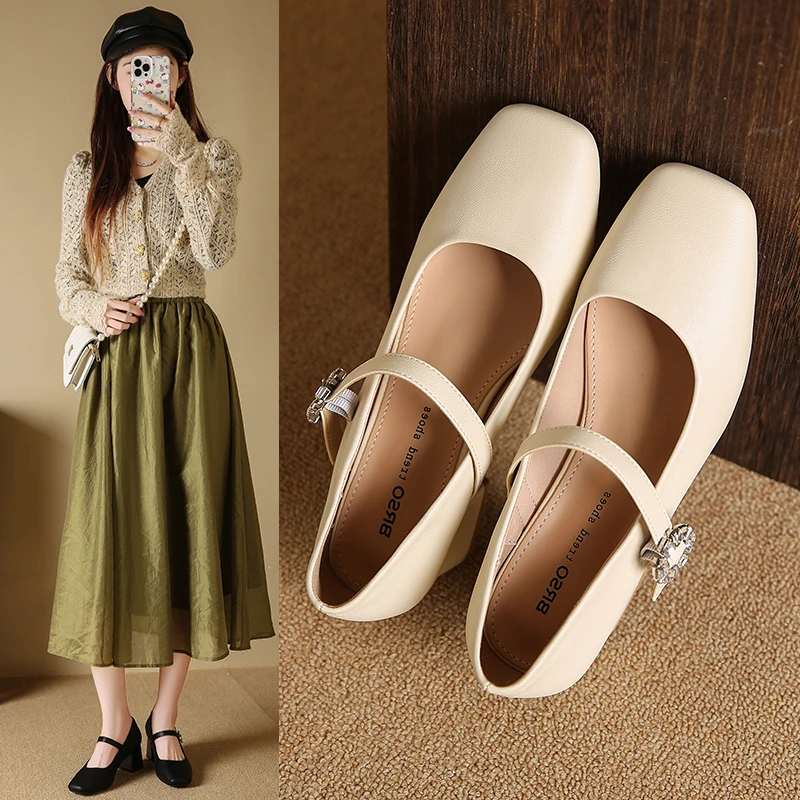 方头气质粗跟一字带玛丽珍配裙子单鞋鞋子2025新款春季复古晚晚鞋