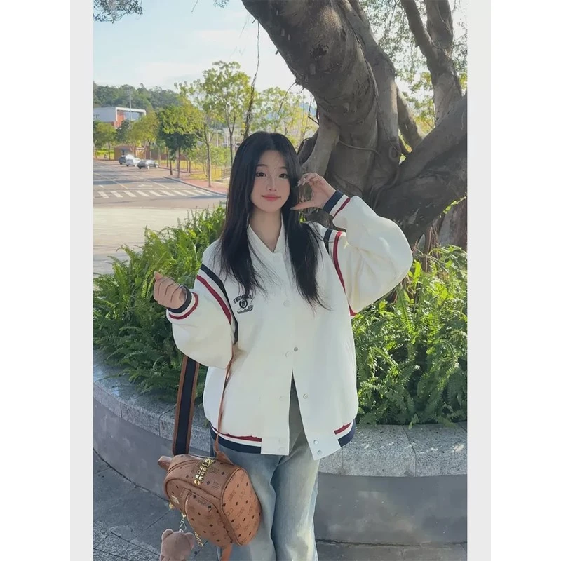 美式复古线条撞色棒球服外套2025春季新款学院风休闲宽松情侣夹克