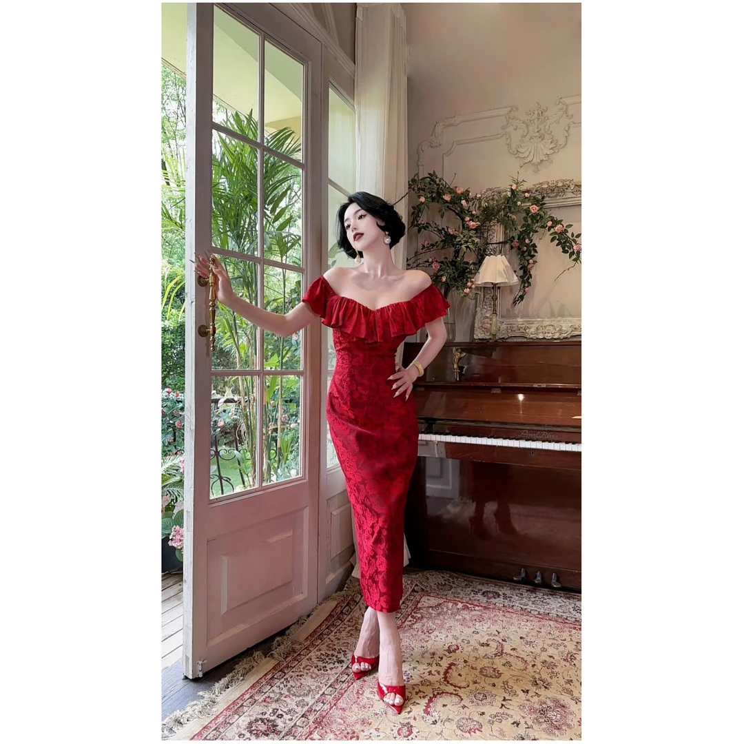 LYXJ【绯色玫瑰】限量发售立体提花一字肩连衣裙（带胸杯垫）12048