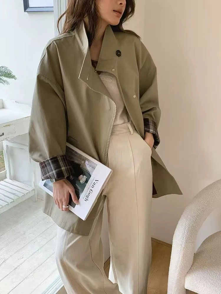 范范家  韩系英伦风时尚小立领中长款宽松百搭风衣6903