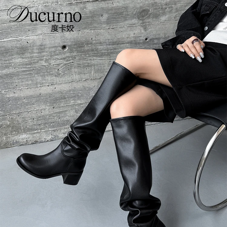 DUCURNO真皮高筒骑士靴女复古风圆头粗跟及膝靴显瘦宽筒靴堆堆靴
