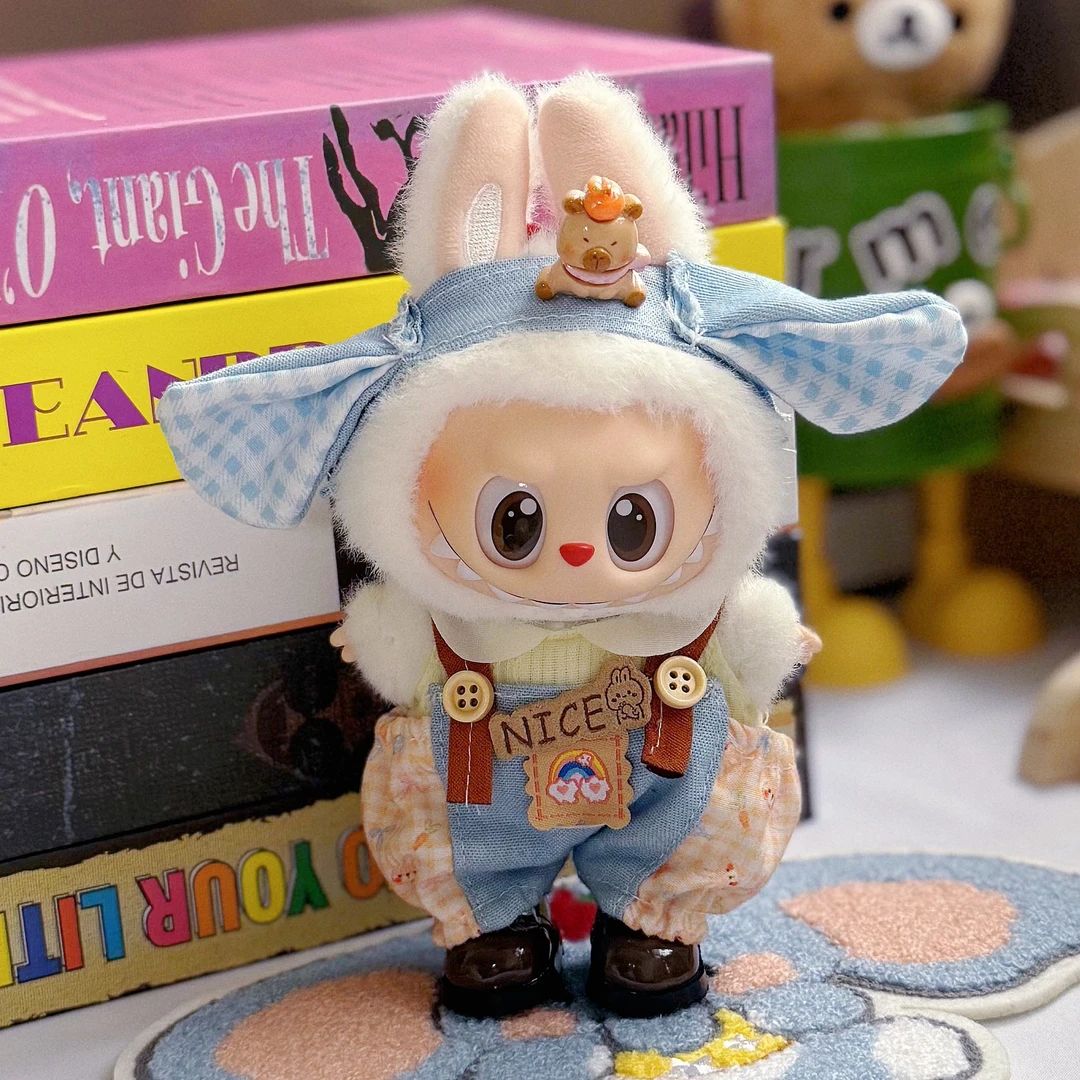 LABUBU爆款17cm拉布布一二三代挂件可乐娃衣服背带裤套装搪胶公仔