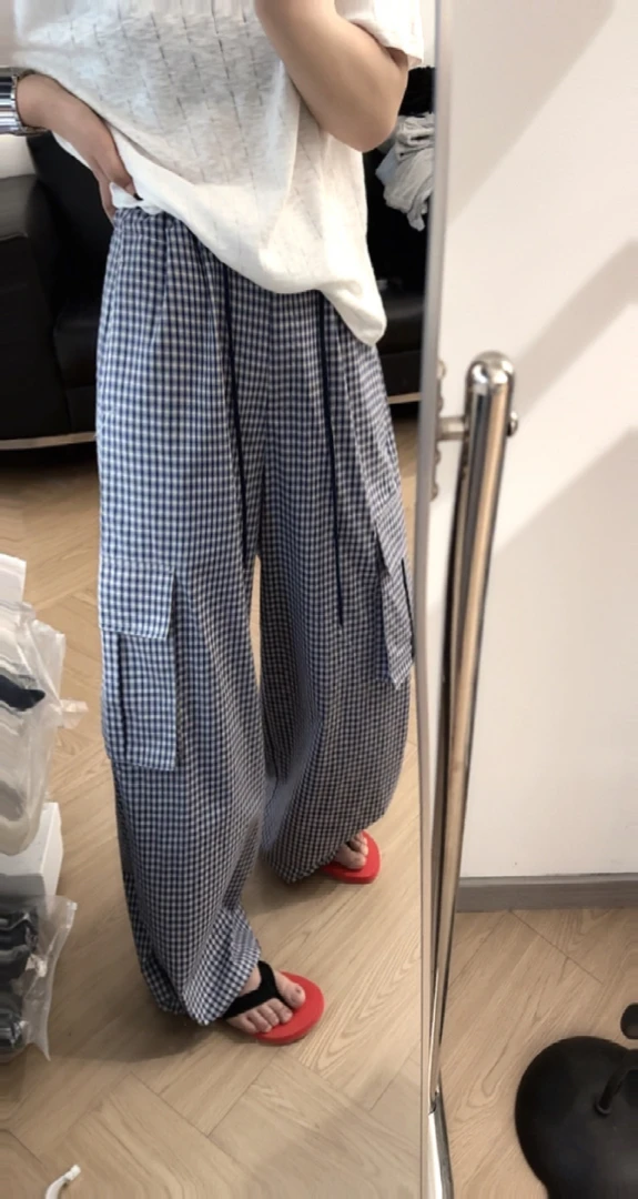 格子大口袋休闲裤 夏季新款