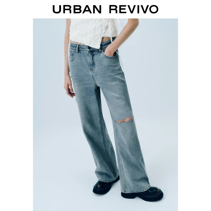 UR2025夏季新款女装波嬉风复古破洞棉质牛仔长裤UYY850113