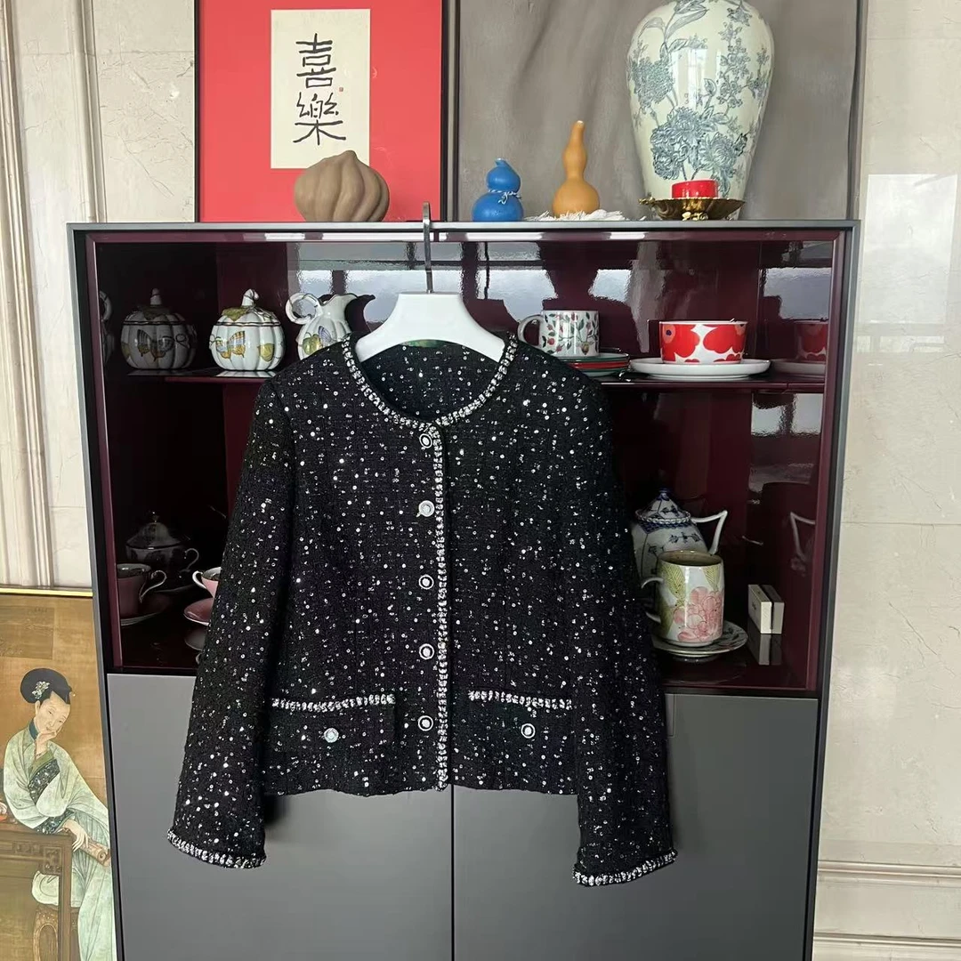 MYL 2025年新款繁星羊毛混纺圆领长袖小香外套黑色亮片钻边外套