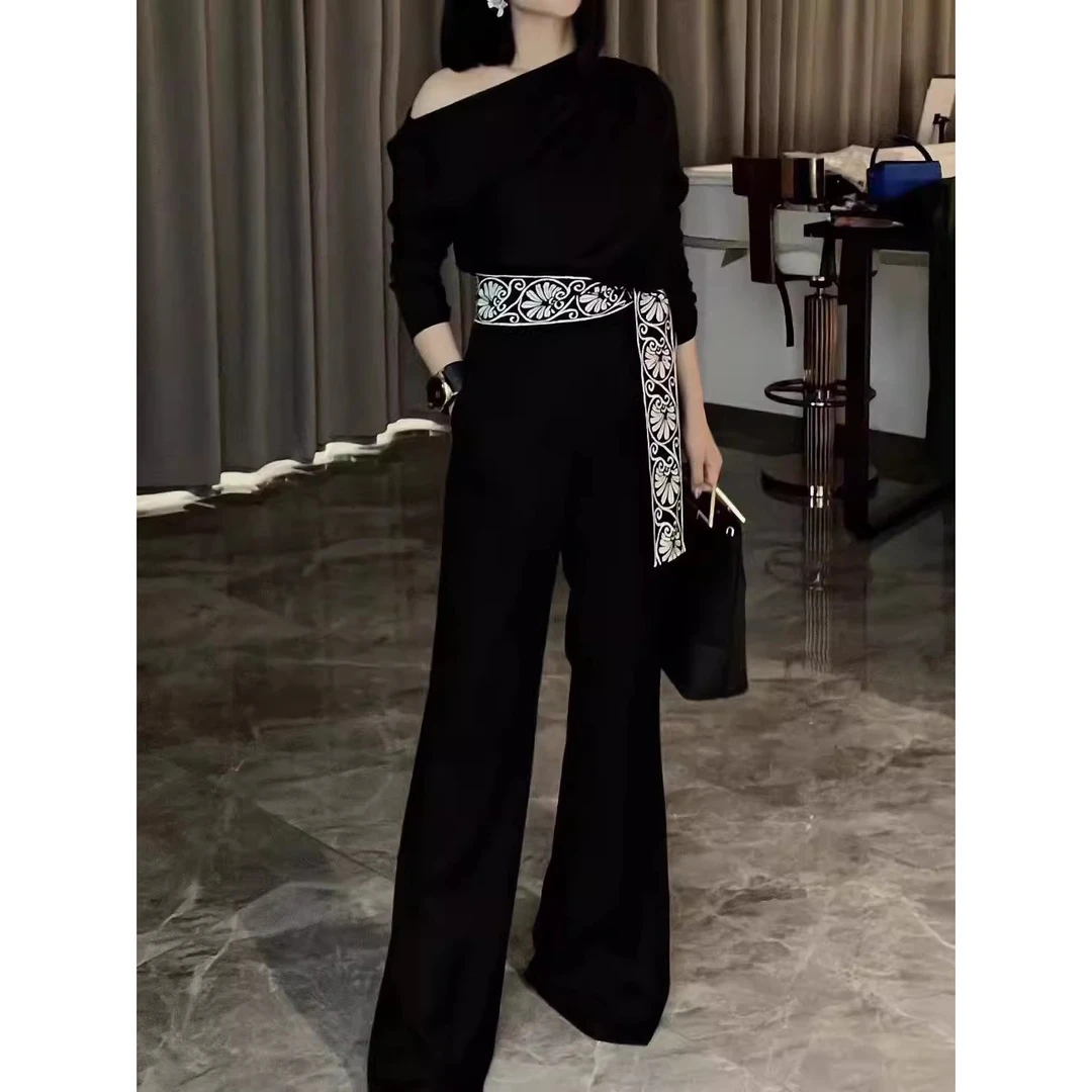 2025年春秋高端轻奢时尚套装气质显瘦黑色露肩衬衣阔腿裤两件套