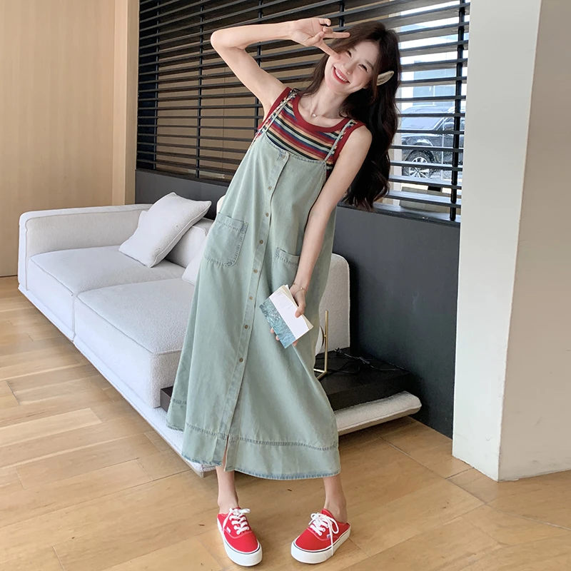 今年流行爆款学院风减龄韩系穿搭牛仔吊带连衣裙针织背心两件套装