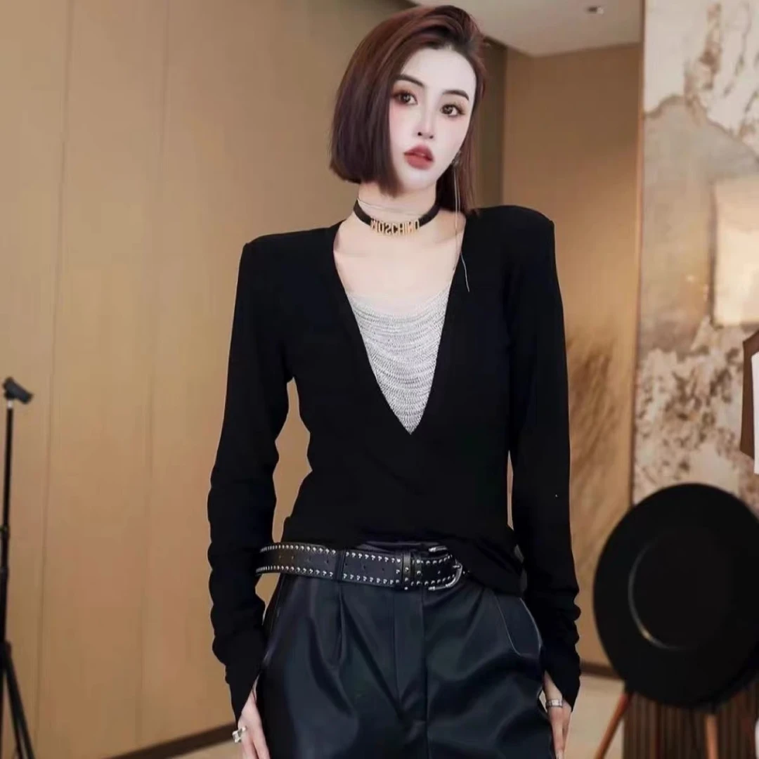 〖猫姐衣橱〗秋冬新款时尚重工串珠链条显瘦弹力打底上衣351