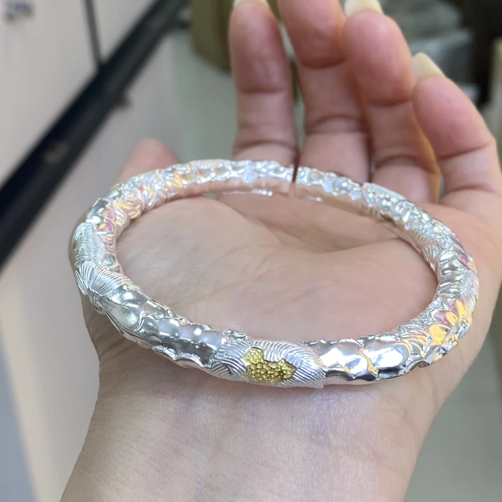 足银手镯 足银999.9重工牡丹花银手镯实心精美纯手工雕刻82克镯子