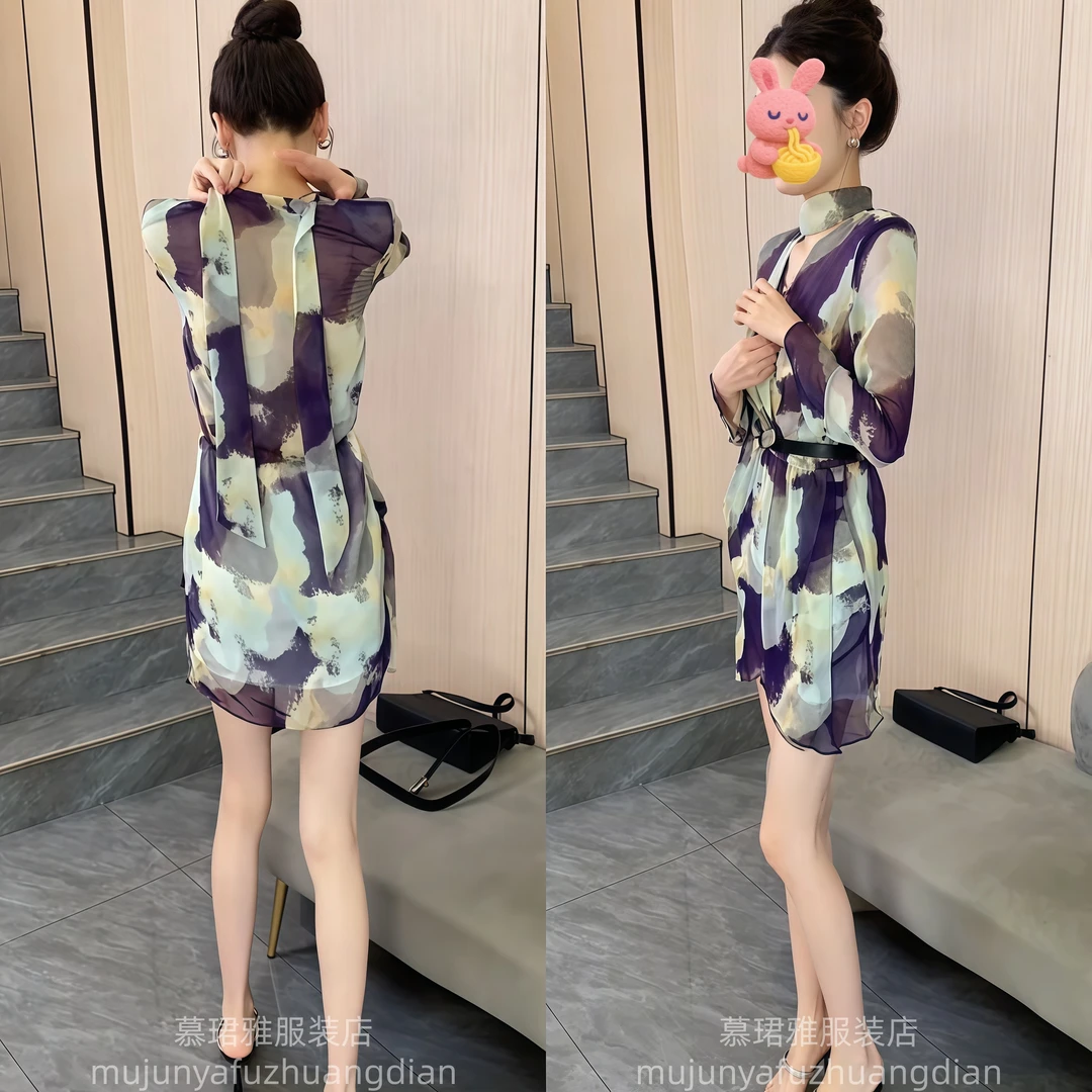 气质御姐范儿连衣裙2025夏季新款水墨晕花印花中袖减龄显瘦中长裙