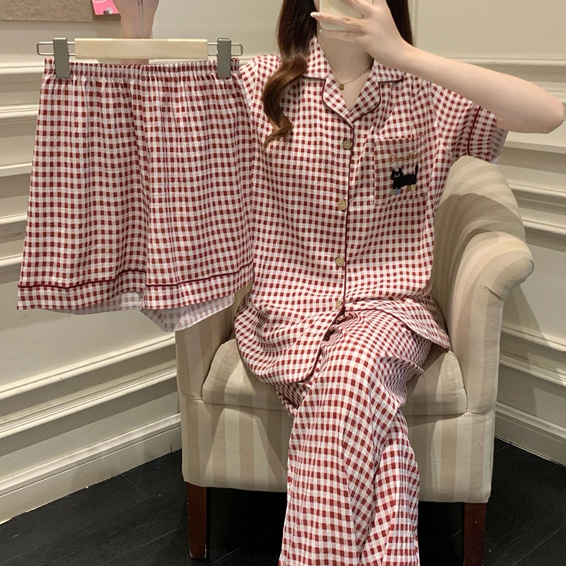 带胸垫短袖长裤三件套睡衣女款夏季2025新款云朵棉卡通少女家居服