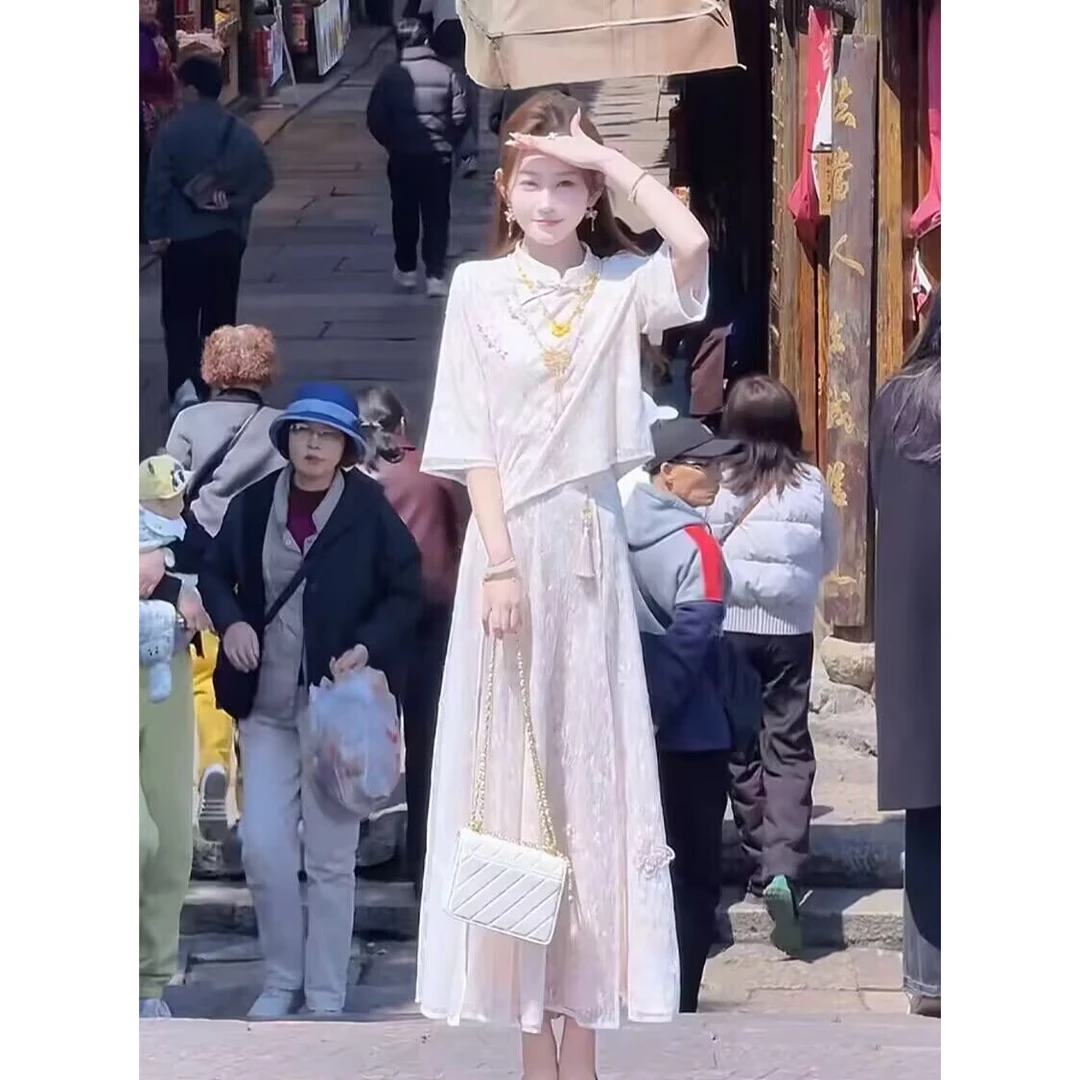 时尚小众蕾丝绣花叠加缎面套装瘦气质新中式国风复古民族风两件套