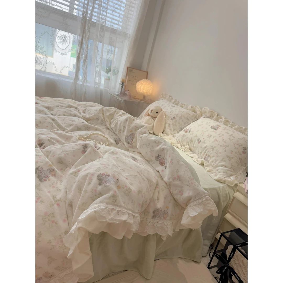 仙女款荷叶边牛奶绒四件套韩系小兔法兰绒花边被套珊瑚绒床裙床单