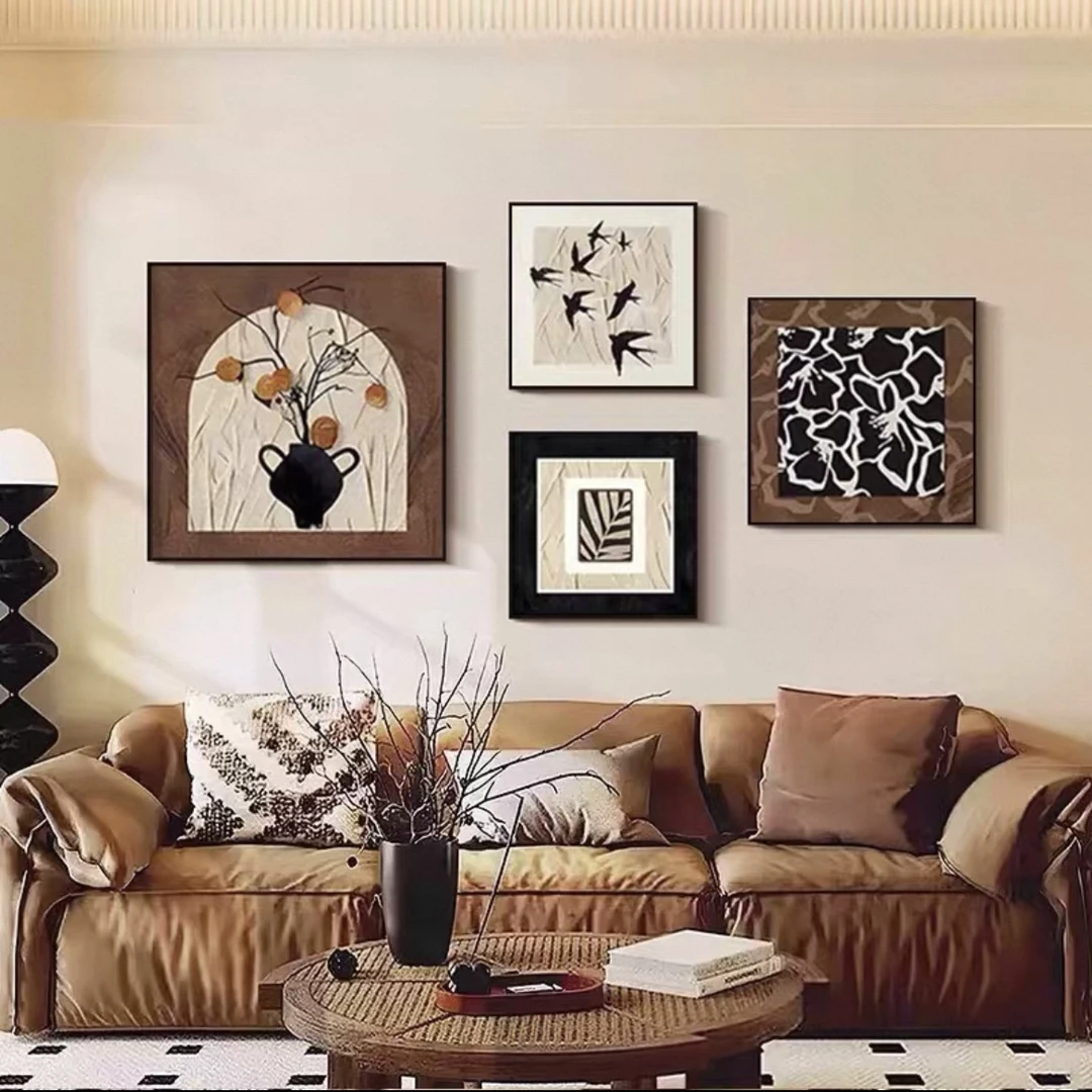 现代风客厅装饰画法式复古沙发背景墙挂画餐厅组合肌理画