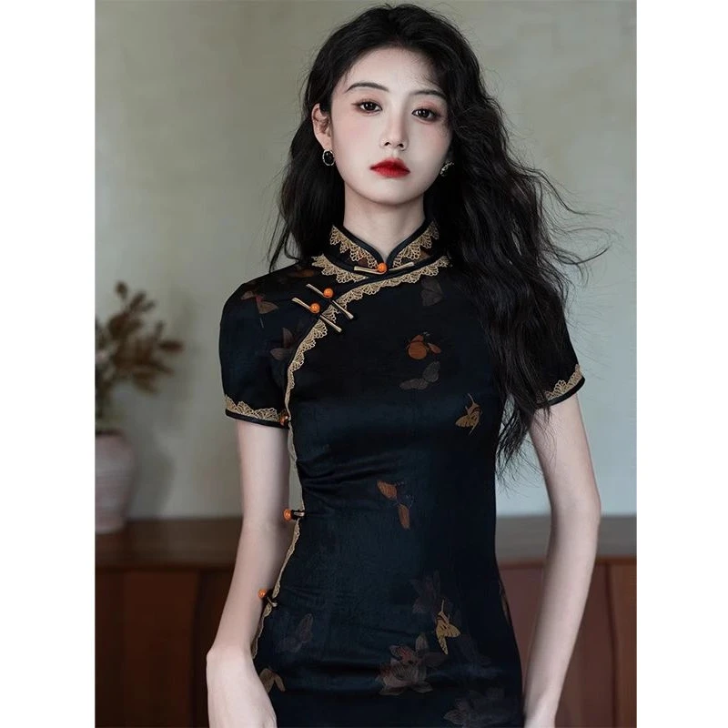 新中式黑色旗袍2025新款女中国风蝴蝶高级感复古显瘦日常走秀演出
