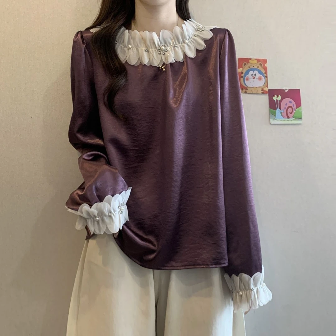 大码女装法式高级缎面重工衬衫胖妹妹遮肚洋气显瘦长袖上衣