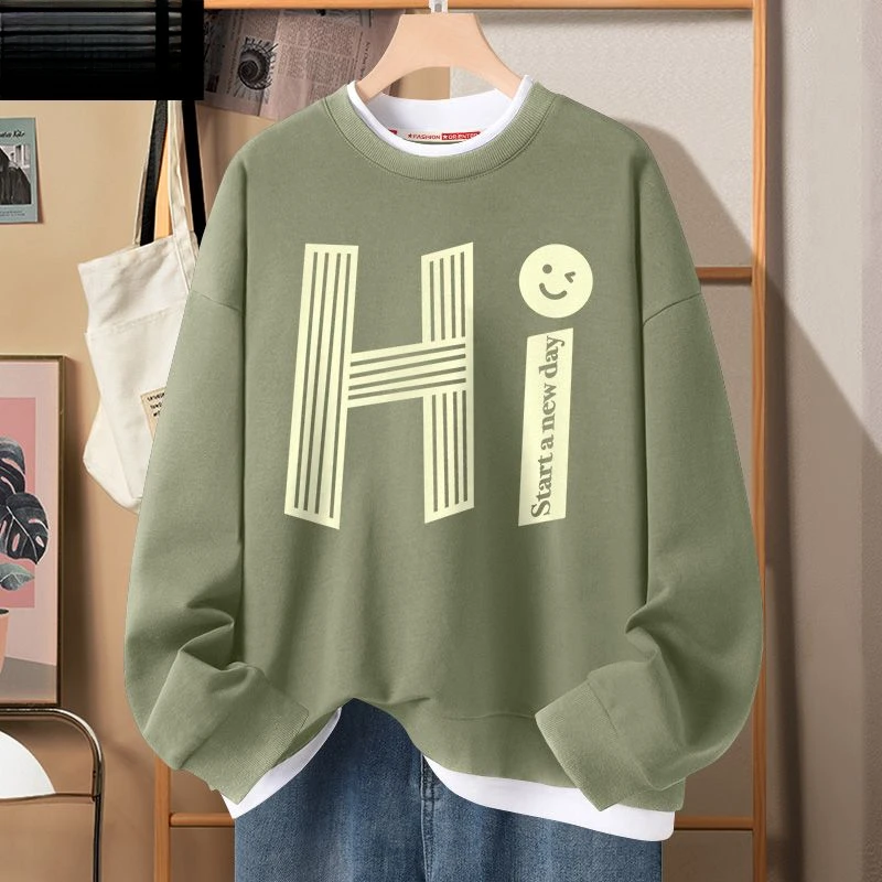 青少年2025年新款春季卫衣男潮款无帽圆领假两件时尚百搭潮流外套