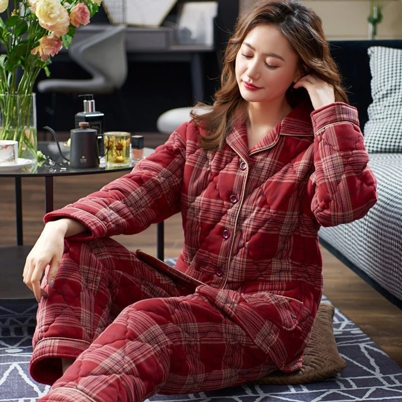 新款秋冬季三层加厚夹棉保暖睡衣女简约休闲大码家居服套装可外穿