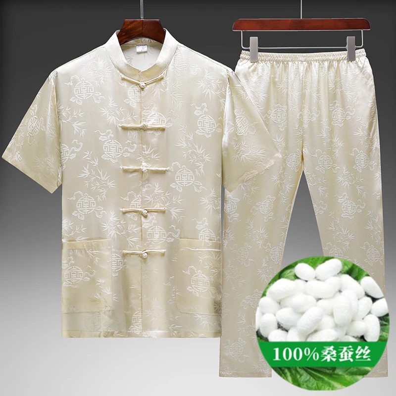 真丝桑蚕丝100%男士夏季薄款宽松舒适中国风中老年半袖复古唐装潮