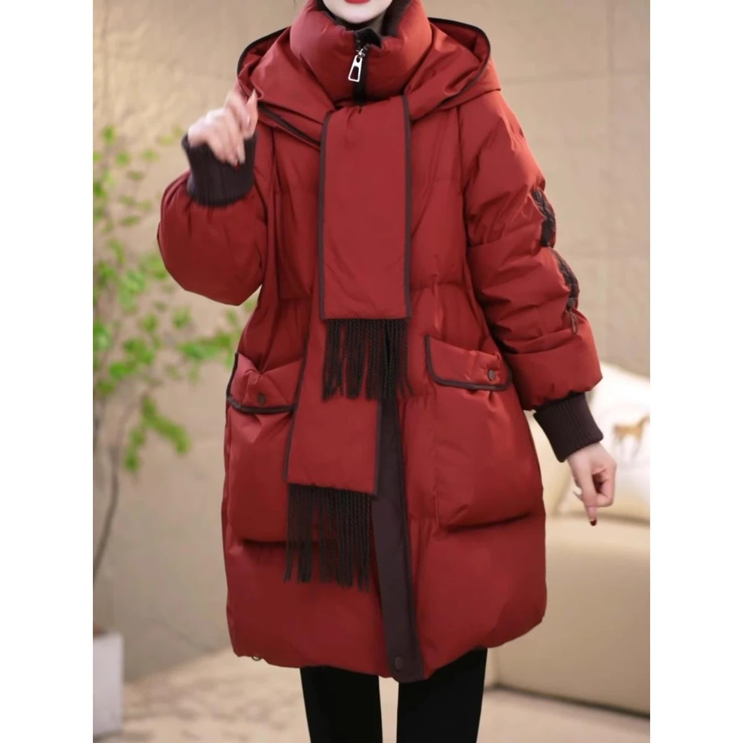 冬季设计感围巾连帽优雅百搭羽绒服M-XL