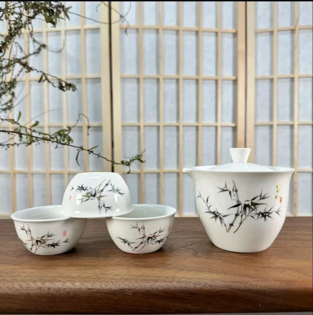 羊脂玉瓷富竹三杯旅行茶具-ZH349