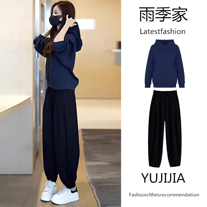 胖妹妹时尚显瘦遮肉套装女大尺码早秋新款连帽运动衫阔腿束口裤两